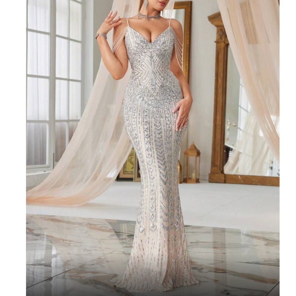 Luxe sequins embellished beaded cold shoulder mermaid hem party  gown dress